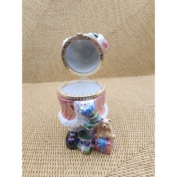 Christmas Decor Trinket Box Santa Claus with Gifts Hinged Porcelain Pink Gold 7" - Picture 6 of 9